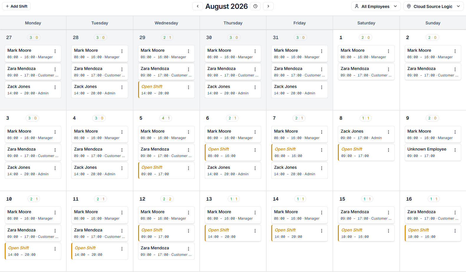 Rota Rooster calendar showing a month of scheduled and open shifts